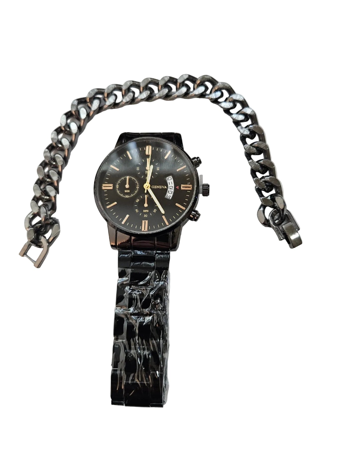 Luxury Stainless Steel Wristwatch w/Calendar & Quartz movement & Bracelet Set