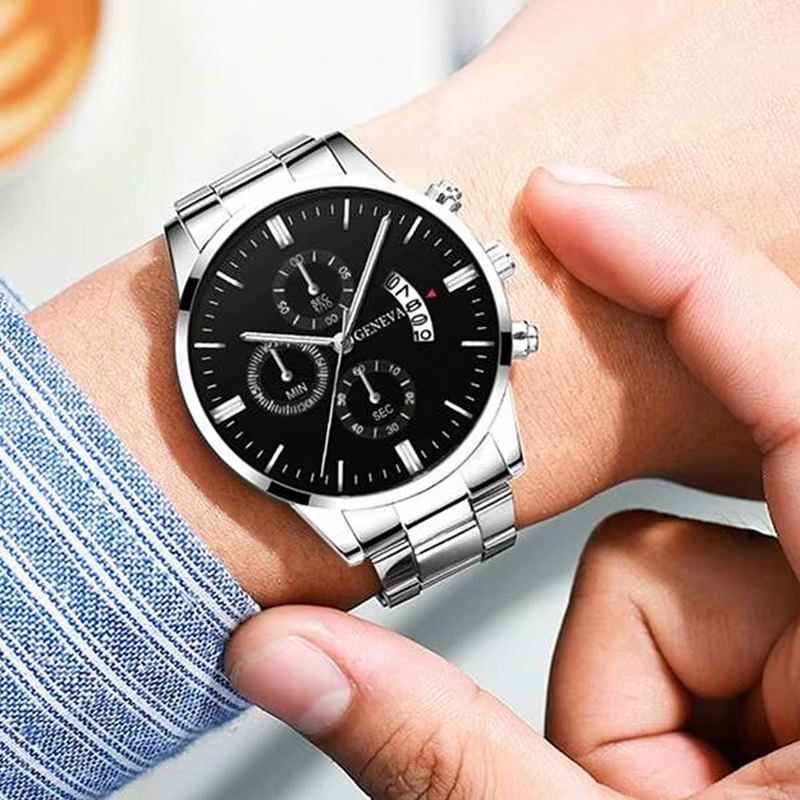 Luxury Stainless Steel Wristwatch w/Calendar & Quartz movement & Bracelet Set