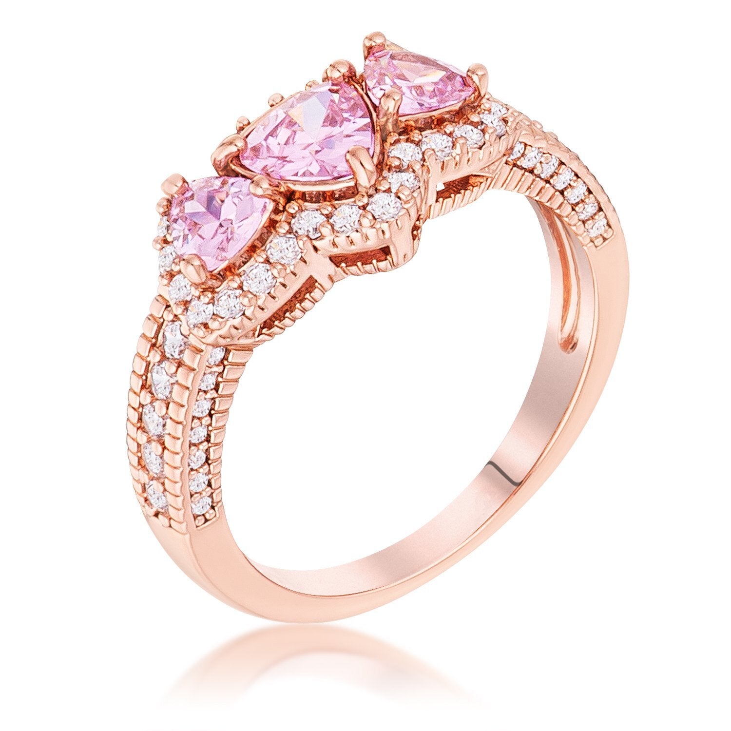 Rose Gold Plated 3Stone Trillion Cut Pink CZ Halo Pave Ring Mark S