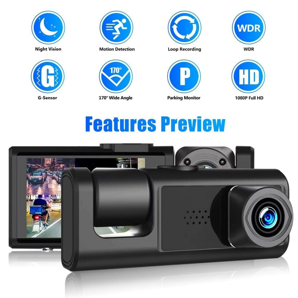 Dual Lens Dash Cam HD 1080P Front/Rear/Inside Video Recorder Camera w/G-sensor