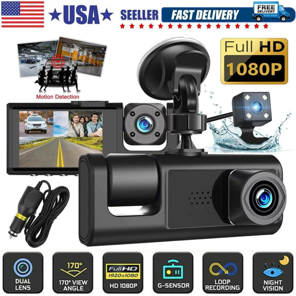 Dual Lens Dash Cam HD 1080P Front/Rear/Inside Video Recorder Camera w/G-sensor