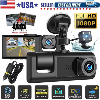 Dual Lens Dash Cam HD 1080P Front/Rear/Inside Video Recorder Camera w/G-sensor