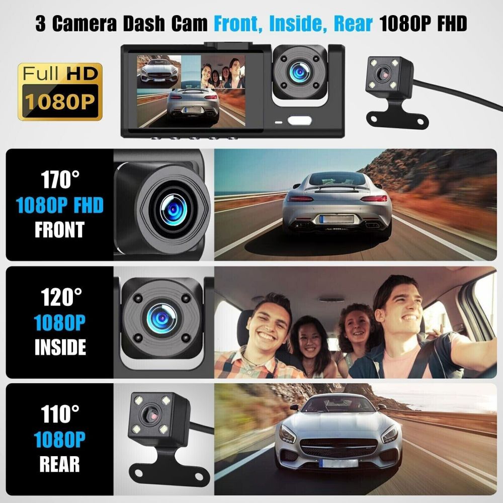 Dual Lens Dash Cam HD 1080P Front/Rear/Inside Video Recorder Camera w/G-sensor