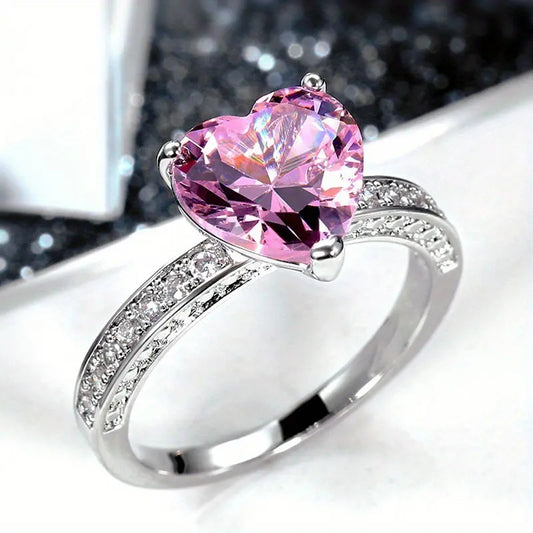 Luxury Silver Plated Inlaid Pink Heart Shape Zircon Ring