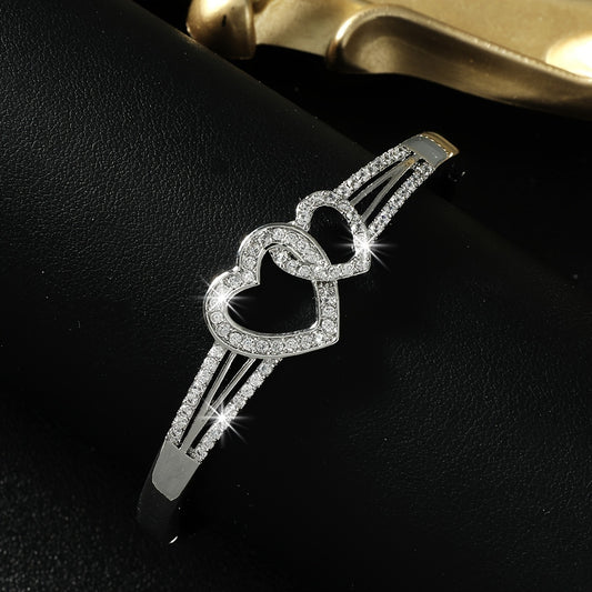 Romantic Cuff Bangle Bracelet Double Hollow Heart Shape Full Of Shiny Zircons