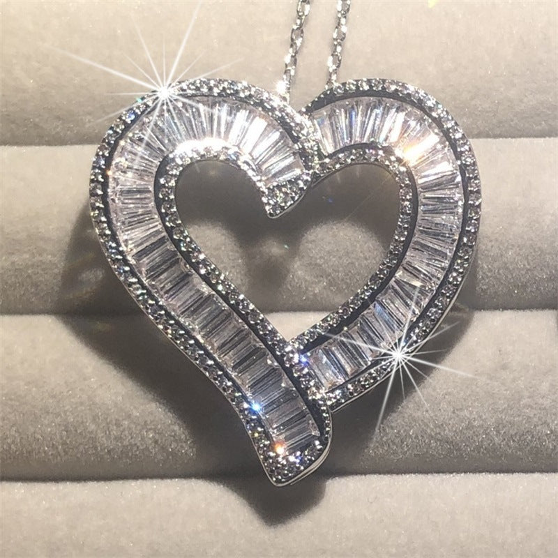 Luxury Heart Shaped White Full Faux Diamond Zircon Women's Pendant Necklace