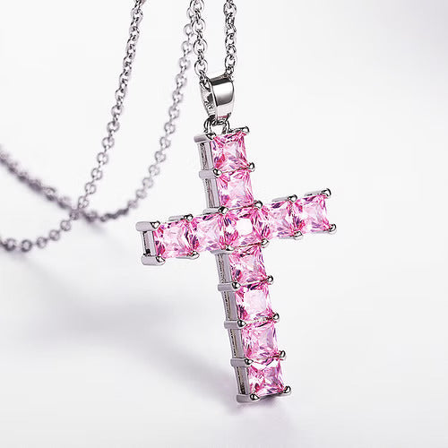 Huitan Cross Necklace Inlaid White/Pink Cubic Zirconia