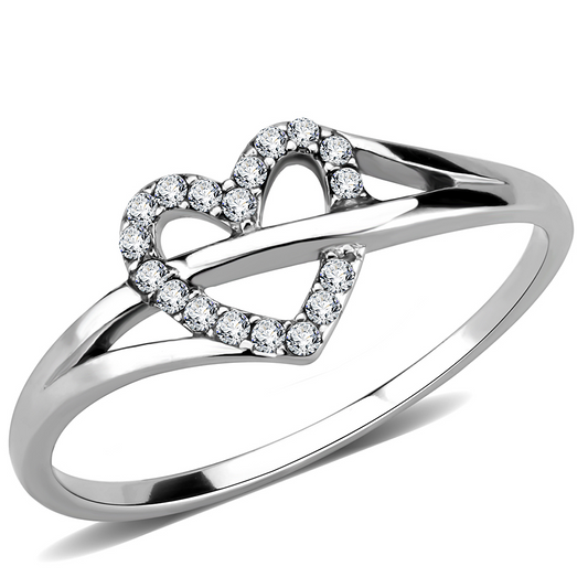 Highly polished (no plating) Heart Shaped Stainless Steel Ring with AAA grade Clear Zirconia Gems