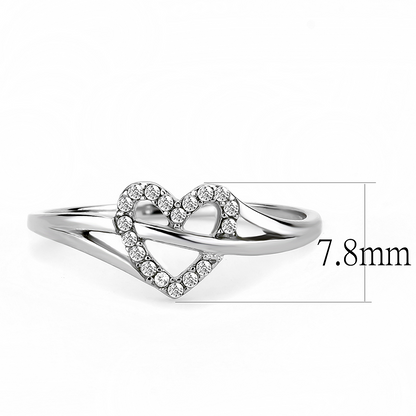 Highly polished (no plating) Heart Shaped Stainless Steel Ring with AAA grade Clear Zirconia Gems