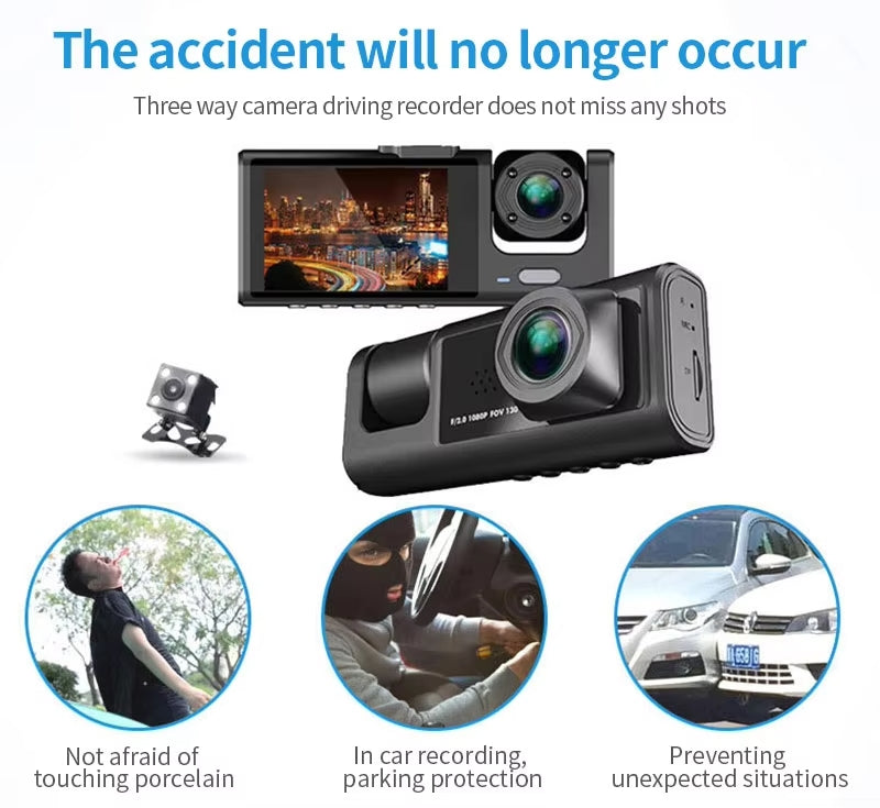 3-Lens Automotive DVR Dash Cam, w/WIFI
