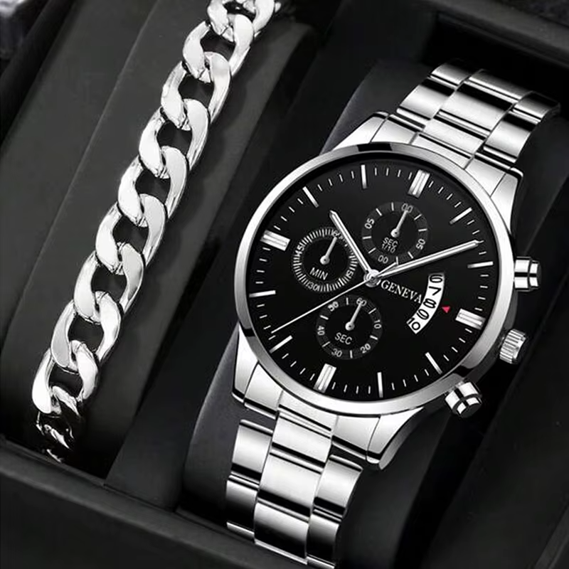 Luxury Stainless Steel Wristwatch w/Calendar & Quartz movement & Bracelet Set