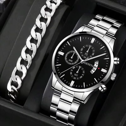Luxury Stainless Steel Wristwatch w/Calendar & Quartz movement & Bracelet Set