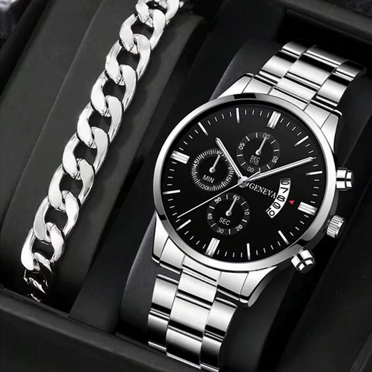 Luxury Stainless Steel Wristwatch w/Calendar & Quartz movement & Bracelet Set