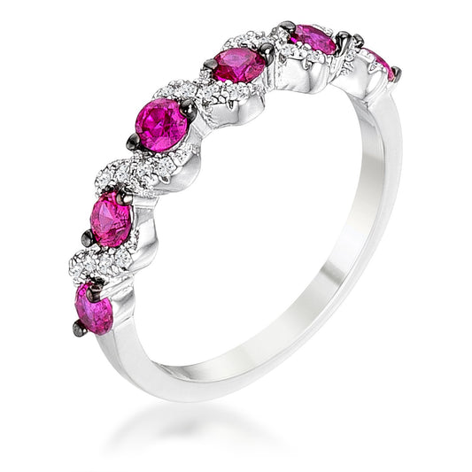 Rhodium and Hematite Plated S Shape Fuchsia & Clear CZ Half Eternity Band