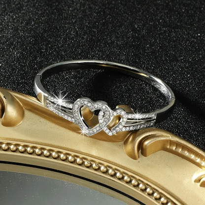 Romantic Cuff Bangle Bracelet Double Hollow Heart Shape Full Of Shiny Zircons