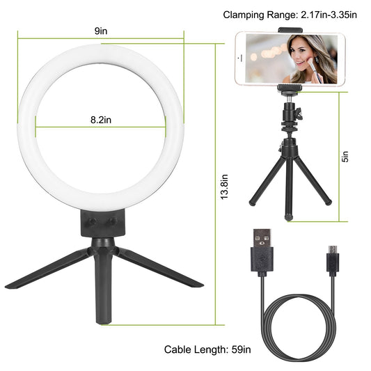 9" Dimmable LED Ring Light w/ Tripod for Streaming, Selfies and Applying Make-Up