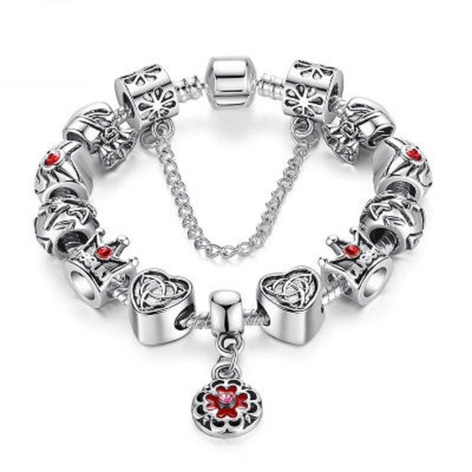 The World of Love European Style Snake-Chain/Charm Bracelet w/Enameled Flower, Silver Plated